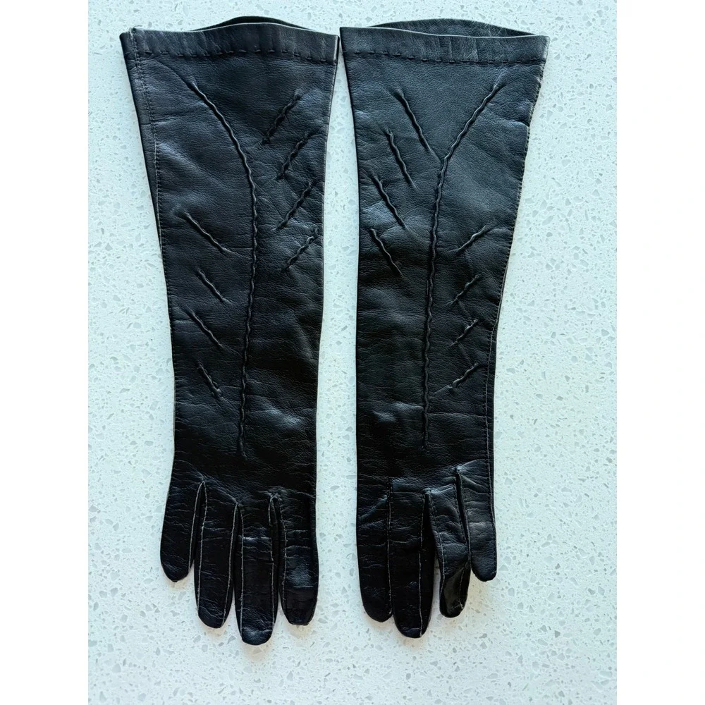 Unique Vintage Black Leather Opera Length Hollywood Glamour Gloves‎